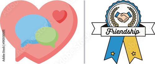 Vector graphics celebrating friendship, featuring speech bubbles inside a heart and a "Friendship" award ribbon with a handshake. Ideal for Galentine's Day or best friend appreciation.