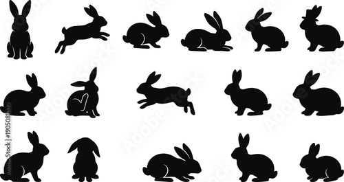 Collection of black rabbit silhouettes set isolated on white background for easter decoration bunny animal icons jumping sitting standing silhouettes vector design elements