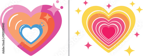 Vibrant vector illustrations of layered, nesting hearts with sparkling accents. Features colorful pink, orange, and yellow gradients, perfect for romantic or celebratory graphic designs.