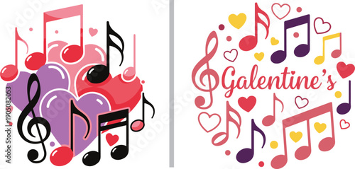 A harmonious vector set featuring musical notes, clefs, and hearts in pink and purple. One design shows notes floating over hearts, while the other forms a circular "Galentine's" musical badge.