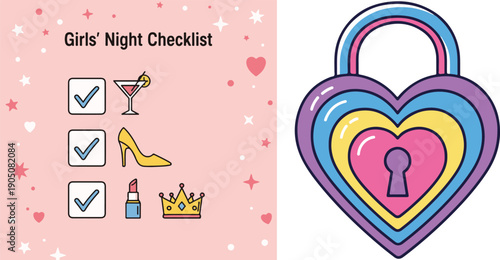 A fun "Girls' Night Checklist" featuring a cocktail, high heel, and lipstick, paired with a vibrant, colorful heart-shaped padlock. Perfect for party planning and female friendship themes.