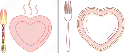 A delightful vector illustration featuring pink heart-shaped plates and elegant forks. This minimalist dining set captures a romantic and cozy atmosphere, perfect for Valentine's or brunch themes.