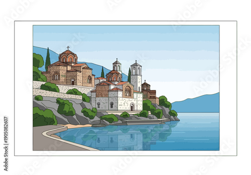 Buildings on a coastal town waterfront.