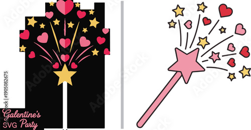 A whimsical pink magic wand emitting a burst of colorful hearts and stars. The playful design is perfect for fairy tales, Galentine's Day, and magical celebration themes.