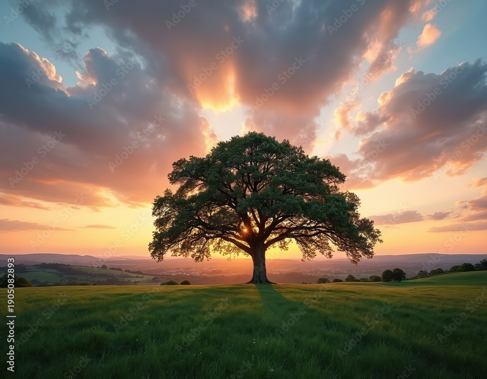 Obraz premium Majestic old oak tree stands in green grassy field during golden sunset. Sun rays beam through dramatic clouds illuminating the tranquil countryside landscape. Peaceful nature scene.