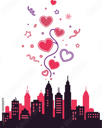 A modern vector illustration of a city skyline silhouette in pink and dark purple, with whimsical hearts, stars, and confetti floating above, perfect for urban-themed celebrations and love.