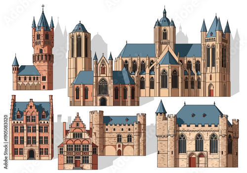 Collection of old European church buildings.