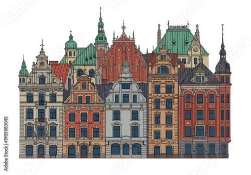 Colorful European City Hall Buildings Architecture.