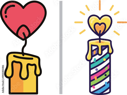 Charming vector illustrations of candles with heart-shaped flames. One features melting wax on an orange base, while the other shows a festive, striped birthday candle with colorful sprinkles.
