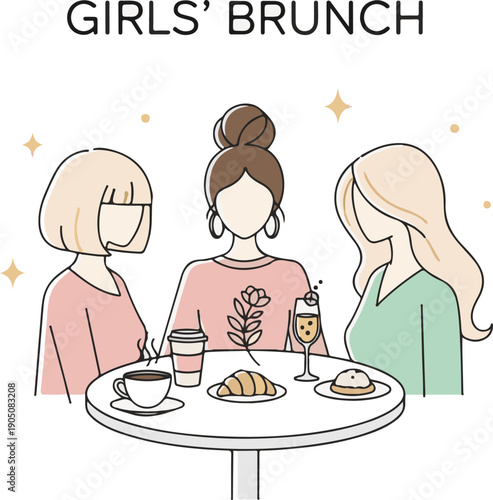 A chic vector illustration of three friends at a "Girls' Brunch." Features a minimalist line-art style with soft pastel tones, showcasing coffee, croissants, and champagne on a cafe table.
