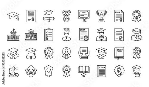 Graduation hat and academic achievement outline icon set vector