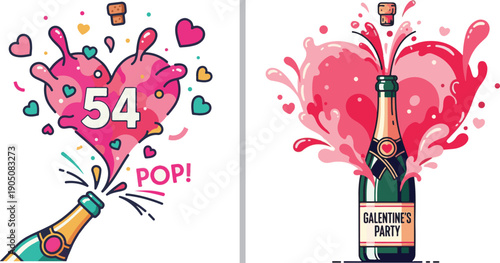 Festive Galentine's Party illustrations featuring champagne bottles popping with heart-shaped splashes, pink bubbles, and celebratory "POP!" text for a fun friendship event.