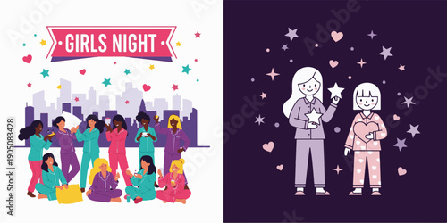 A delightful collection of "Girls Night" illustrations featuring women in a slumber party setting against a city skyline, and a cute line-art drawing of friends sharing stars and hearts.