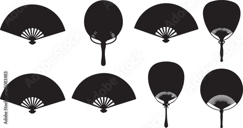 Eight black silhouette traditional hand fans on white
