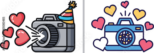 Playful vector icons of cameras capturing love, featuring one with a party hat and floating hearts. Perfect for birthday photography, social media, or romantic event themes.