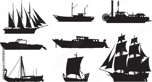 Collection of eight diverse black boat silhouettes on white