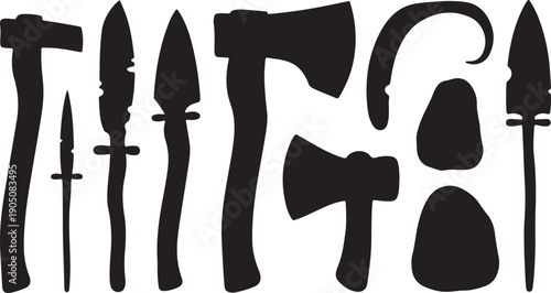 Collection of eight prehistoric stone tools and silhouettes