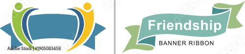 A set of teal and green ribbon banners emphasizing community and friendship. One design features abstract human figures embracing a central banner, ideal for unity-themed branding.