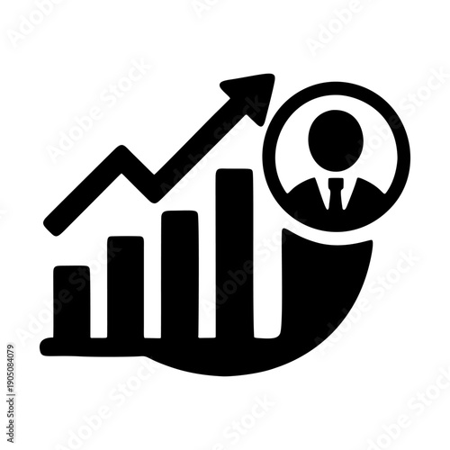 A solid vector icon depicting a person silhouette next to a rising bar chart and an upward arrow, symbolizing personal development, leadership success, and human resource product