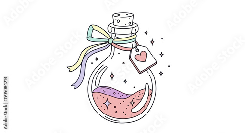 Magical Potion Bottle with Heart Tag and Rainbow Ribbon