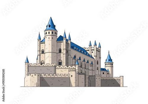 Large Medieval Castle with Blue Roofs.