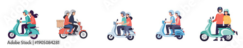 Scooter Transport Couple Ride Sharing Urban Delivery Team Flat Design Vector Illustration Pack