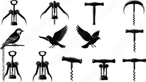 Corkscrew bottle opener and bird silhouettes icon set black vector kitchen tools bar accessories decorative collection illustration