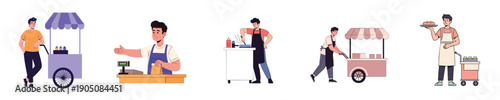 Street Food Vendor Cart Small Business Seller Cooking Stall Flat Design Vector Illustration Set