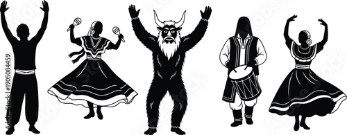 Folk dance festival silhouettes with musicians drummer singer dancers and mythical creature mascot black vector cultural performance illustration