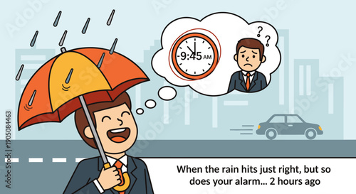 Man holding umbrella with thought bubble.