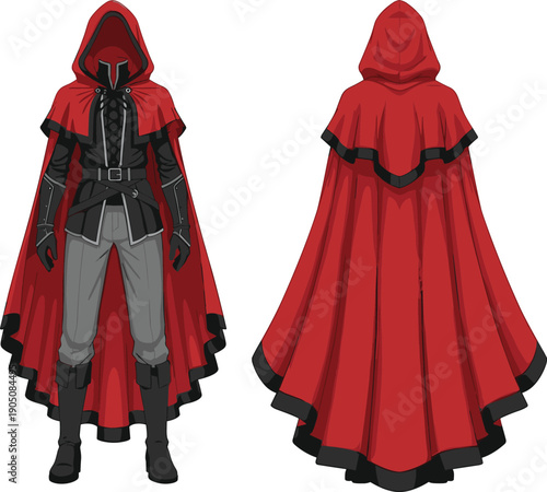 Red hooded cloak assassin character costume vector illustration front back views medieval fantasy warrior outfit game concept art