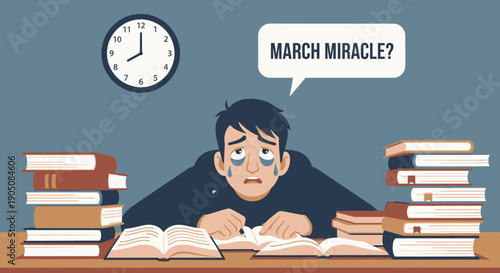 Student Studying with Pile of Books.