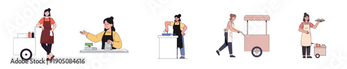 Food Vendor Woman Entrepreneur Street Catering Cart Cooking Seller Flat Design Vector Illustration Set