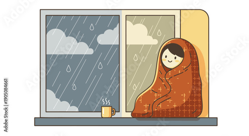 Woman Wrapped in Brown Blanket by Window.