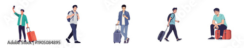 Airport Traveler Man With Suitcase Backpack Digital Trip Vacation Flat Design Vector Illustration Collection