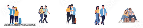 Travel Couple Vacation Holiday Trip With Luggage Airport Romantic Lifestyle Flat Design Vector Set