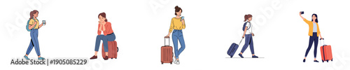 Solo Travel Woman With Suitcase Backpack Airport Journey Vacation Flat Design Vector Character Set