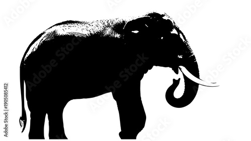 Elephant Silhouette with Trunk Curled in Dramatic Black and Stippled Texture for Wildlife Conservation isolated on a transparent background
