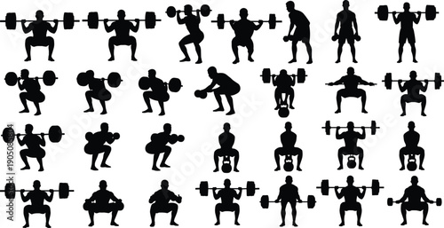 Barbell squat exercise silhouettes set weightlifting fitness gym workout poses strength training vector collection isolated white background