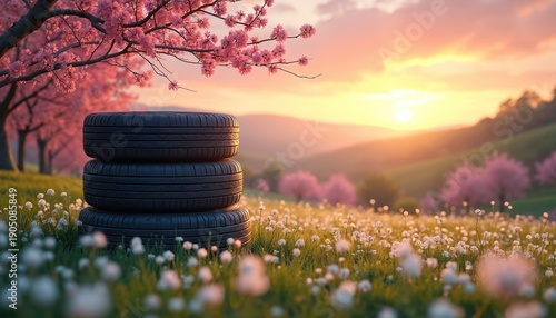 Stack of car tires rests in grassy field with blooming cherry trees and wildflowers. Sunset paints sky with warm colors over rolling hills, creating tranquil spring scene.