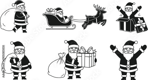 Black and white Santa Claus vector set with sleigh reindeer gifts sack cartoon icons collection isolated Christmas illustration