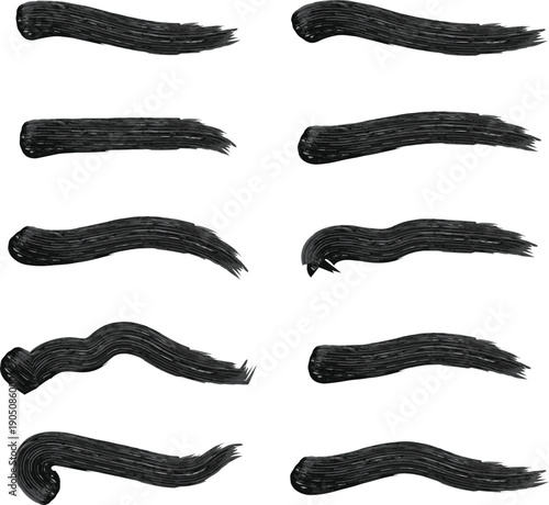 A collection of ten textured, black acrylic paint brush strokes with realistic bristle effects and curved silhouettes on a white background.