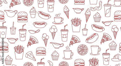 Seamless Fast Food Line Art Pattern with Burger Pizza and Snack Icons