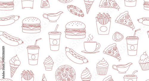 Seamless Fast Food Line Art Pattern with Burger Pizza and Snack Icons