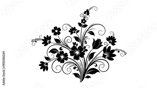 Elegant Floral Arrangement in Black Silhouette with Swirling Vines on for Graphic Design isolated on a transparent background