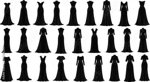 Collection of elegant women evening gown silhouettes long dress designs black fashion templates isolated vector set for boutique catalog