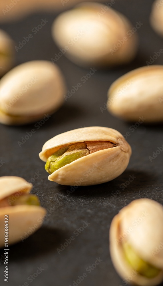 Obraz premium Close-up macro shot of pistachios with their shells slightly open revealing the green nut inside