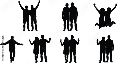 Happy friends and couples silhouettes collection showing standing jumping celebrating togetherness friendship poses black people vector illustration set