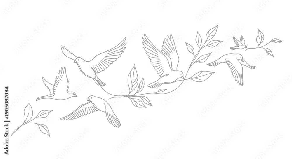 Fototapeta Birds Flying Around Branch with Leaves.