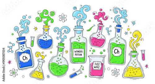 Colorful Laboratory Glassware with Bubbling Potions and Smoke - Science Experiment